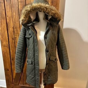 CELSIUS PREMIUM Women's Parka Jacket Size M Olive Green Puffer Faux Fur Hood